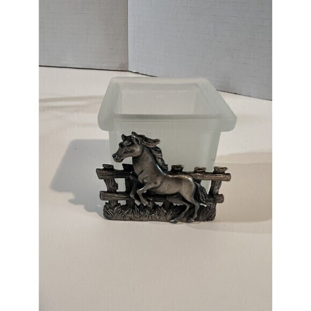 Horse Square Glass Candle Holder Pewter